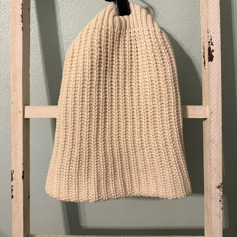 Love Your Melon Slouch Cream Knit Beanie with Leather Patch Women